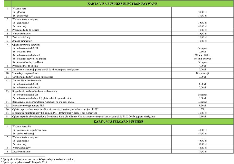 Opłata za wypłatę gotówki: 1) w bankomatach SGB Bez opłat 2) w kasach SGB 1,50 zł 3) w bankomatach obcych 2% min. 5,00 zł 4) w kasach obcych i za granicą 3% min.