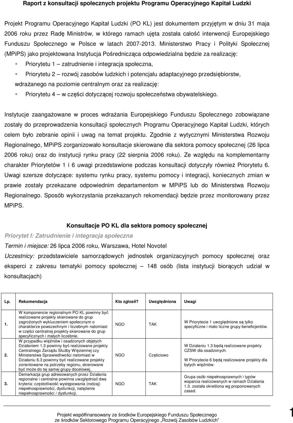 Ministerstwo Pracy i Polityki Społecznej (MPiPS) jako projektowana Instytucja Pośrednicząca odpowiedzialna będzie za realizację: Priorytetu 1 zatrudnienie i integracja społeczna, Priorytetu 2 rozwój