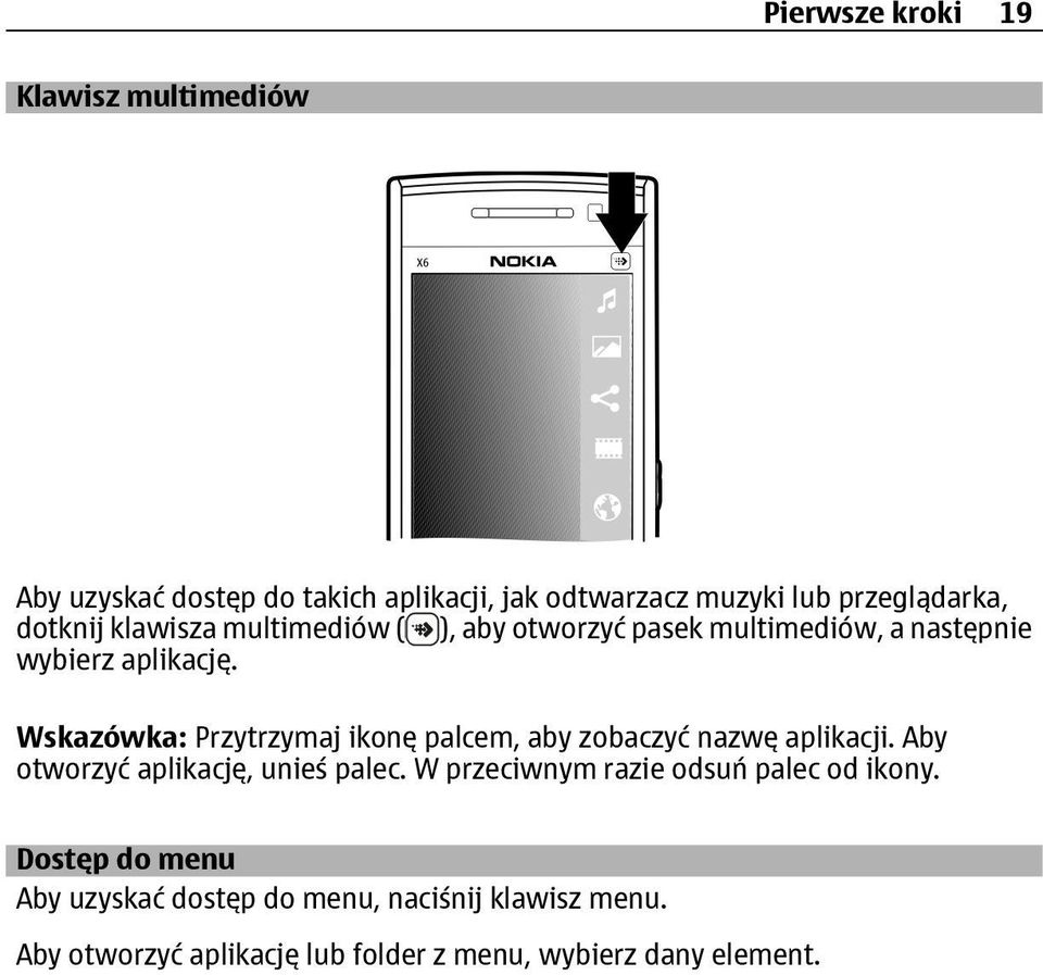 Wskazówka: Przytrzymaj ikonę palcem, aby zobaczyć nazwę aplikacji. Aby otworzyć aplikację, unieś palec.