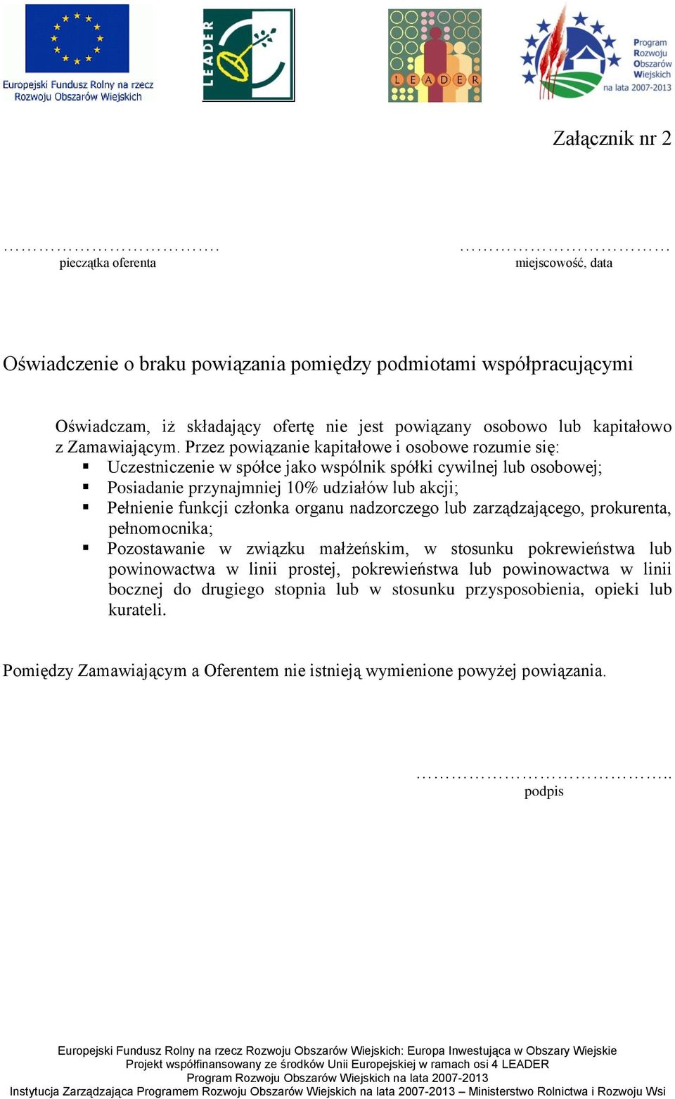 Przez powiązanie kapitałowe i osobowe rozumie się: Uczestniczenie w spółce jako wspólnik spółki cywilnej lub osobowej; Posiadanie przynajmniej 0% udziałów lub akcji; Pełnienie funkcji członka organu