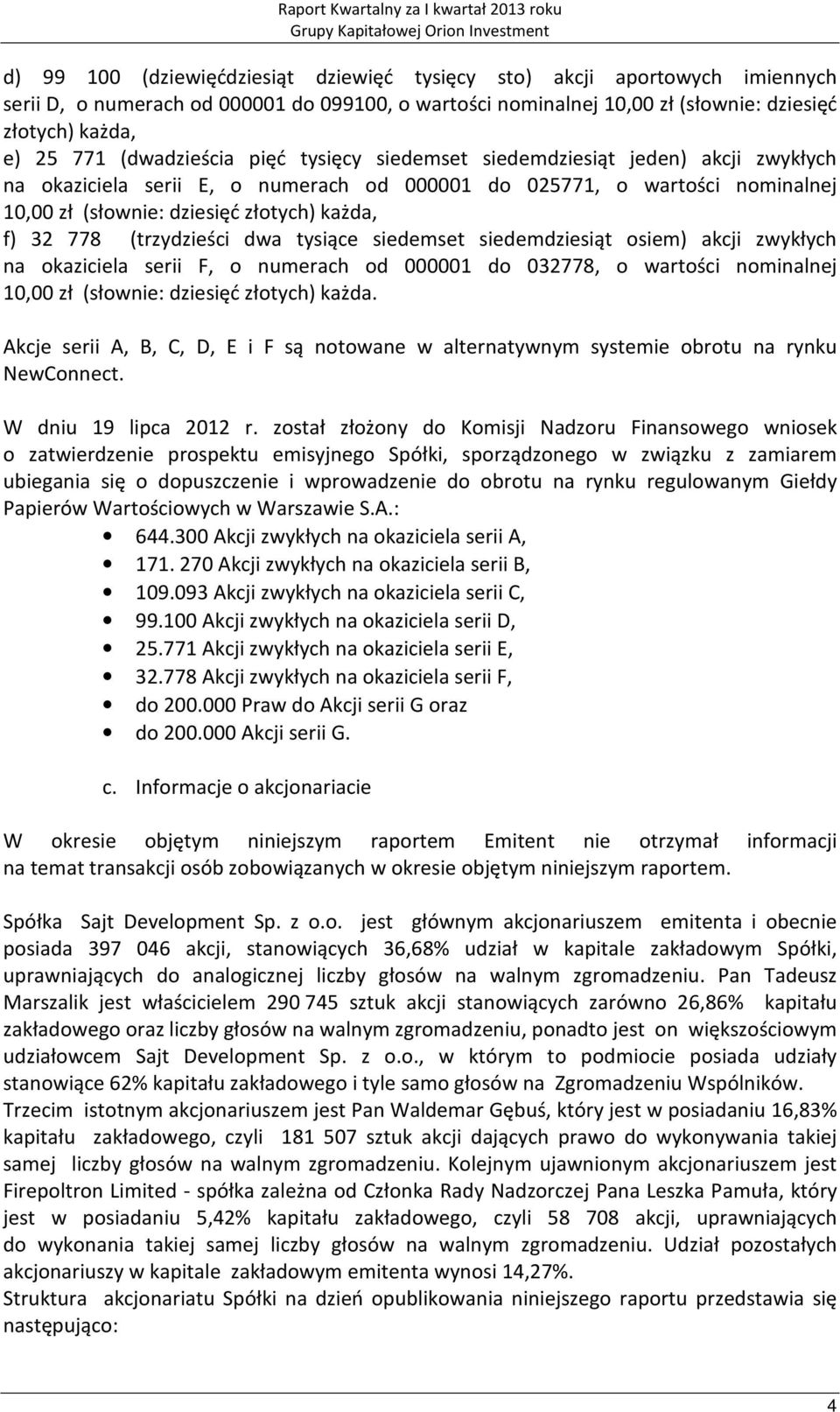 778 (trzydzieści dwa tysiące siedemset siedemdziesiąt osiem) akcji zwykłych na okaziciela serii F, o numerach od 000001 do 032778, o wartości nominalnej 10,00 zł (słownie: dziesięć złotych) każda.