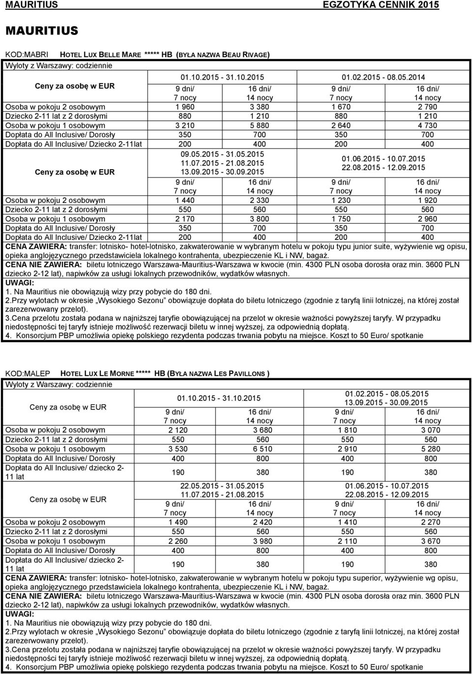 350 700 Dopłata do All Inclusive/ Dziecko 2-11lat 200 400 200 400 09.