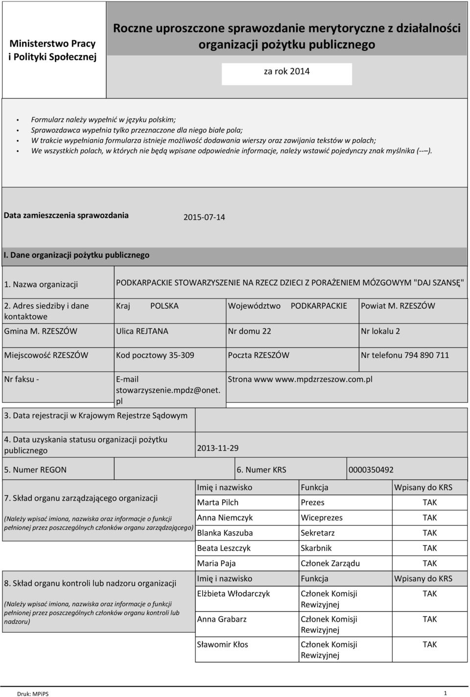 nie będą wpisane odpowiednie informacje, należy wstawić pojedynczy znak myślnika (-- ). Data zamieszczenia sprawozdania 2015-07-14 I. Dane organizacji pożytku publicznego 1. Nazwa organizacji 2.