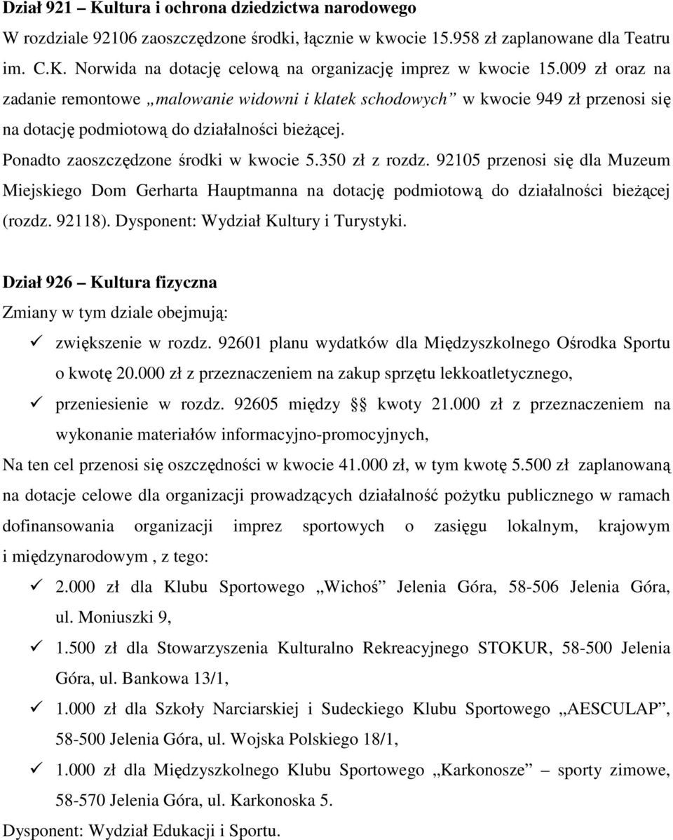 350 zł z rozdz. 92105 przenosi się dla Muzeum Miejskiego Dom Gerharta Hauptmanna na dotację podmiotową do działalności bieżącej (rozdz. 92118). Dysponent: Wydział Kultury i Turystyki.