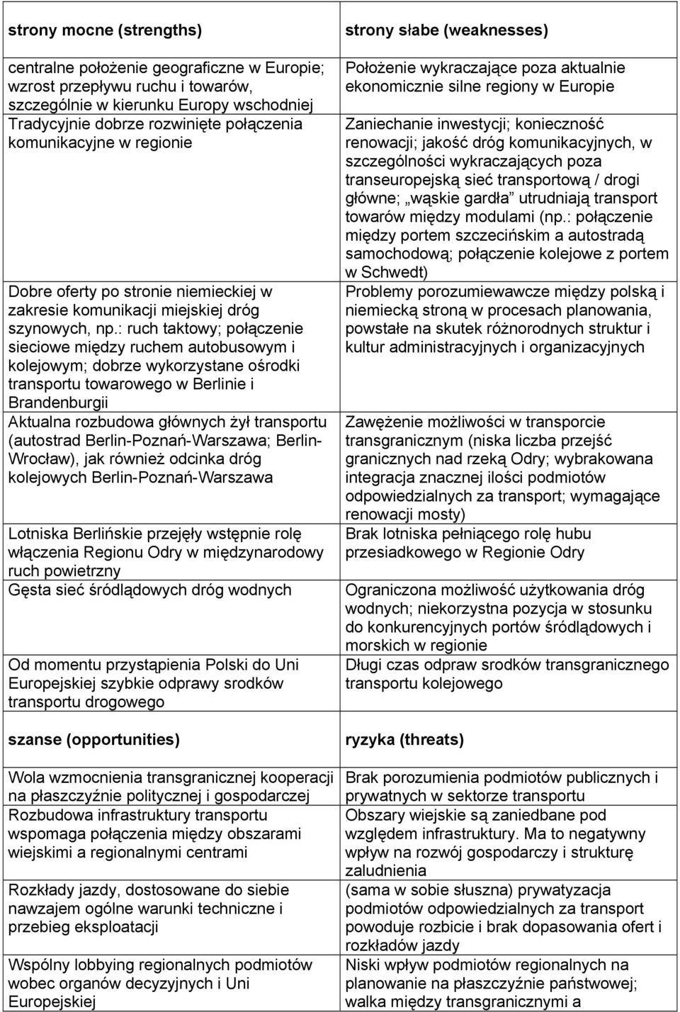 : ruch taktowy; połączenie sieciowe między ruchem autobusowym i kolejowym; dobrze wykorzystane ośrodki transportu towarowego w Berlinie i Brandenburgii Aktualna rozbudowa głównych żył transportu