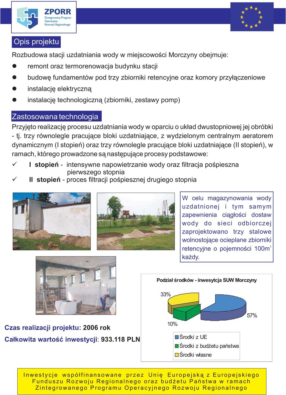 trzy równolegle pracujące bloki uzdatniające, z wydzielonym centralnym aeratorem dynamicznym (I stopień) oraz trzy równolegle pracujące bloki uzdatniające (II stopień), w ramach, którego prowadzone