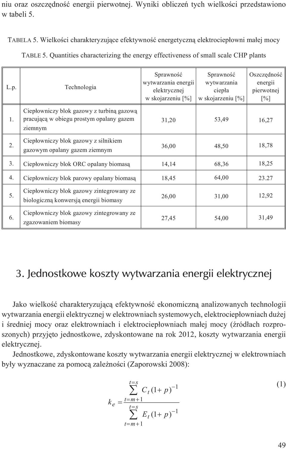 ants L.p. Technologia Sprawnoœæ wytwarzania energii elektrycznej w skojarzeniu [%] Sprawnoœæ wytwarzania ciep³a w skojarzeniu [%] Oszczêdnoœæ energii pierwotnej [%] 1. 2.