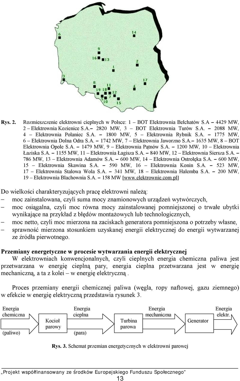 A. 840 MW, 12 Elektrownia Siersza S.A. 786 MW, 13 Elektrownia Adamów S.A. 600 MW, 14 Elektrownia Ostrołęka S.A. 600 MW, 15 Elektrownia Skawina S.A. 590 MW, 16 Elektrownia Konin S.A. 523 MW, 17 Elektrownia Stalowa Wola S.