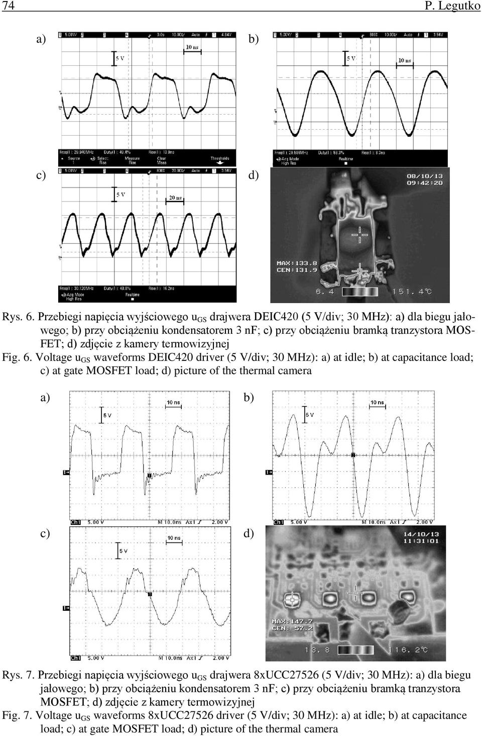 kamery termowizyjnej Fig. 6. Voltage u GS waveforms DEIC420 driver (5 V/div; 30 MHz): a) at idle; b) at capacitance load; c) at gate MOSFET load; d) picture of the thermal camera a) b) c) d) Rys. 7.