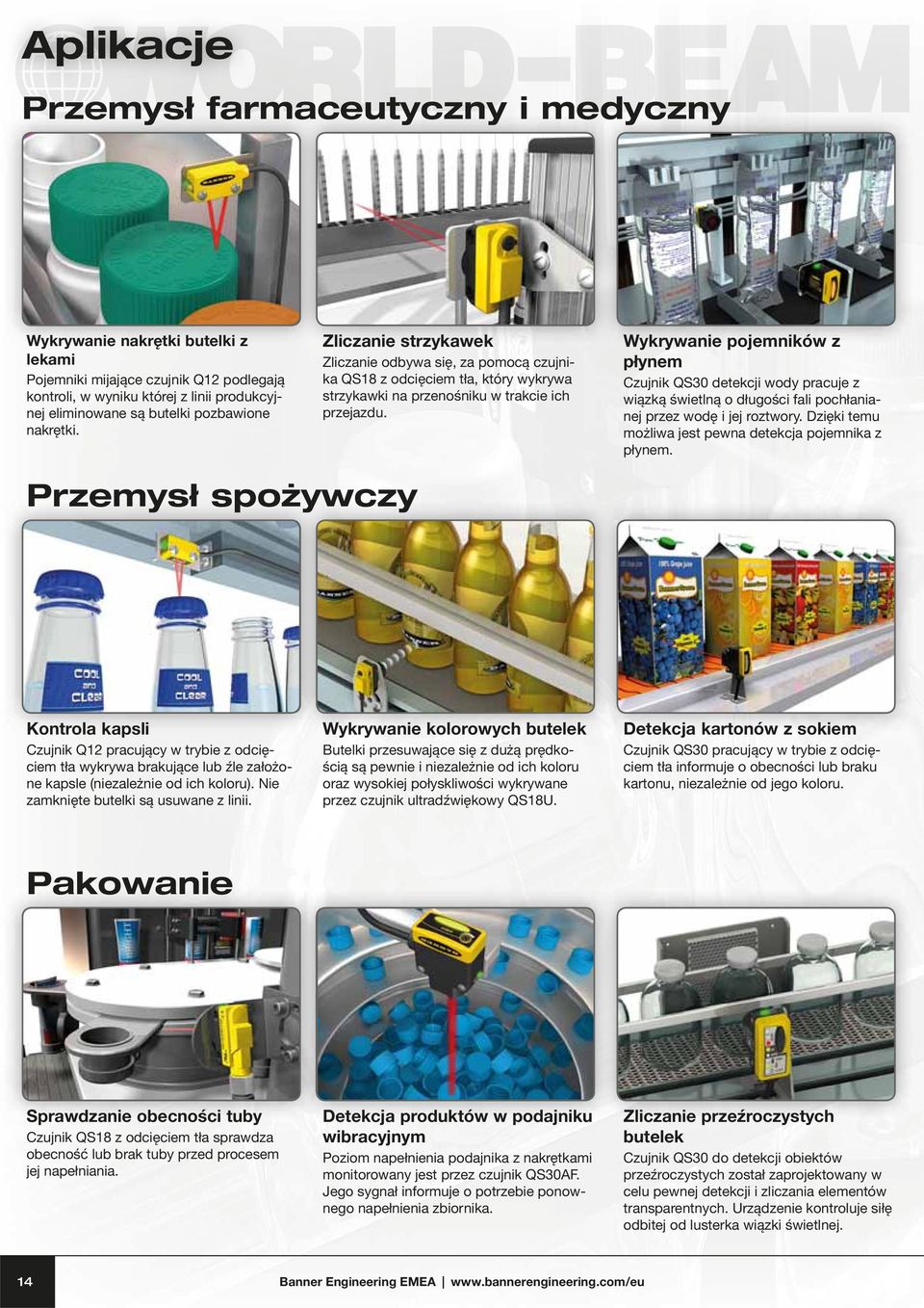 Wykrywanie pojemników z płynem Czujnik QS30 detekcji wody pracuje z wiązką świetlną o długości fali pochłanianej przez wodę i jej roztwory. Dzięki temu możliwa jest pewna detekcja pojemnika z płynem.