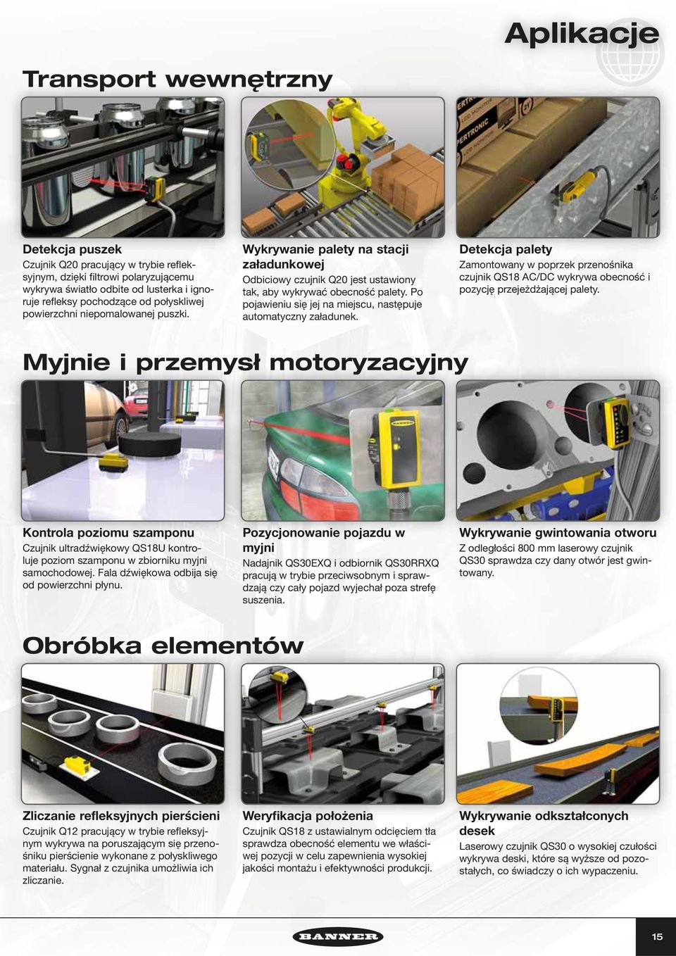 Po pojawieniu się jej na miejscu, następuje automatyczny załadunek. Detekcja palety Zamontowany w poprzek przenośnika czujnik QS18 AC/DC wykrywa obecność i pozycję przejeżdżającej palety.