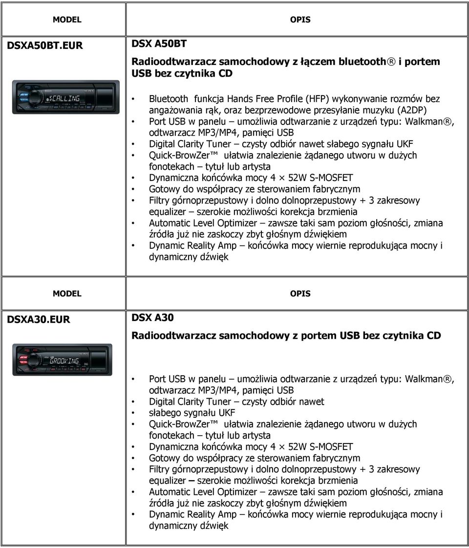 przesyłanie muzyku (A2DP) Port USB w panelu umożliwia odtwarzanie z urządzeń typu: Walkman, odtwarzacz MP3/MP4, pamięci USB Digital Clarity Tuner czysty odbiór nawet słabego sygnału UKF Quick-BrowZer