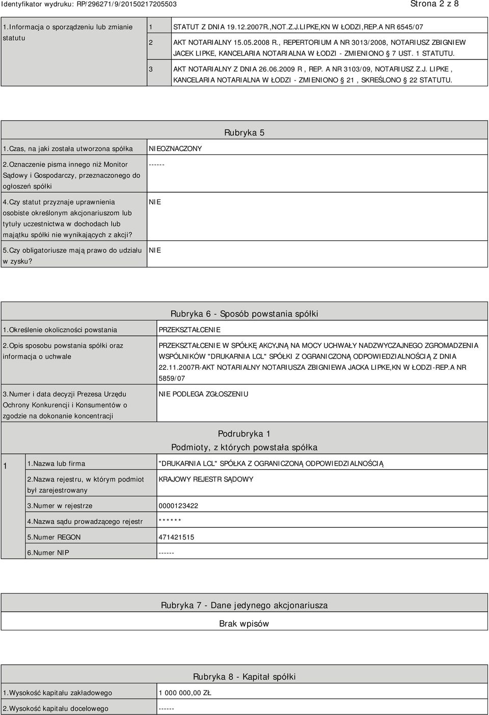 Rubryka 5 1.Czas, na jaki została utworzona spółka 2.Oznaczenie pisma innego niż Monitor Sądowy i Gospodarczy, przeznaczonego do ogłoszeń spółki 4.