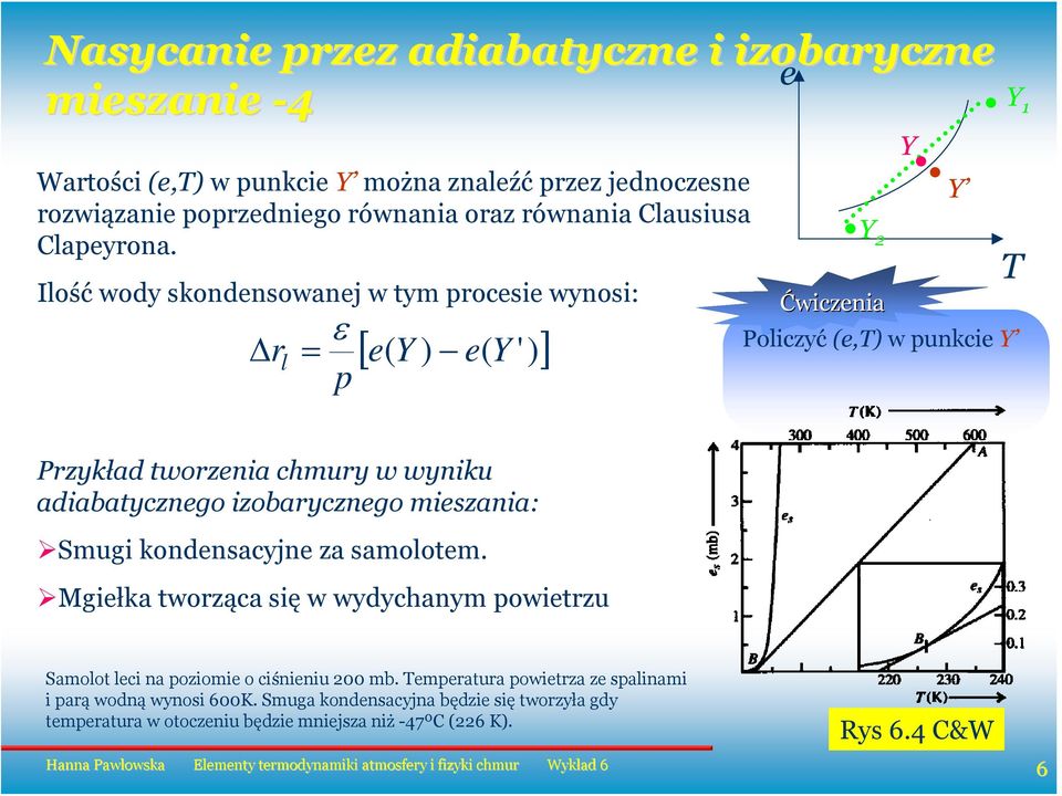 Ilość woy konenowanej w tym oeie wynoi: Δ l ε [ e( Y ) e( Y ')] Ćwizenia Polizyć (e,) w unkie Y Pzykła twozenia hmuy w wyniku aiabatyznego izobayznego miezania: