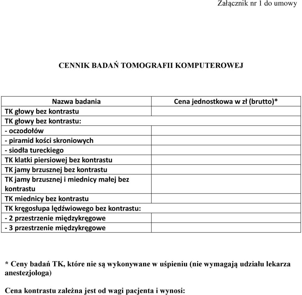 miednicy bez kontrastu TK kręgosłupa lędźwiowego bez kontrastu: - 2 przestrzenie międzykręgowe - 3 przestrzenie międzykręgowe Cena jednostkowa w zł