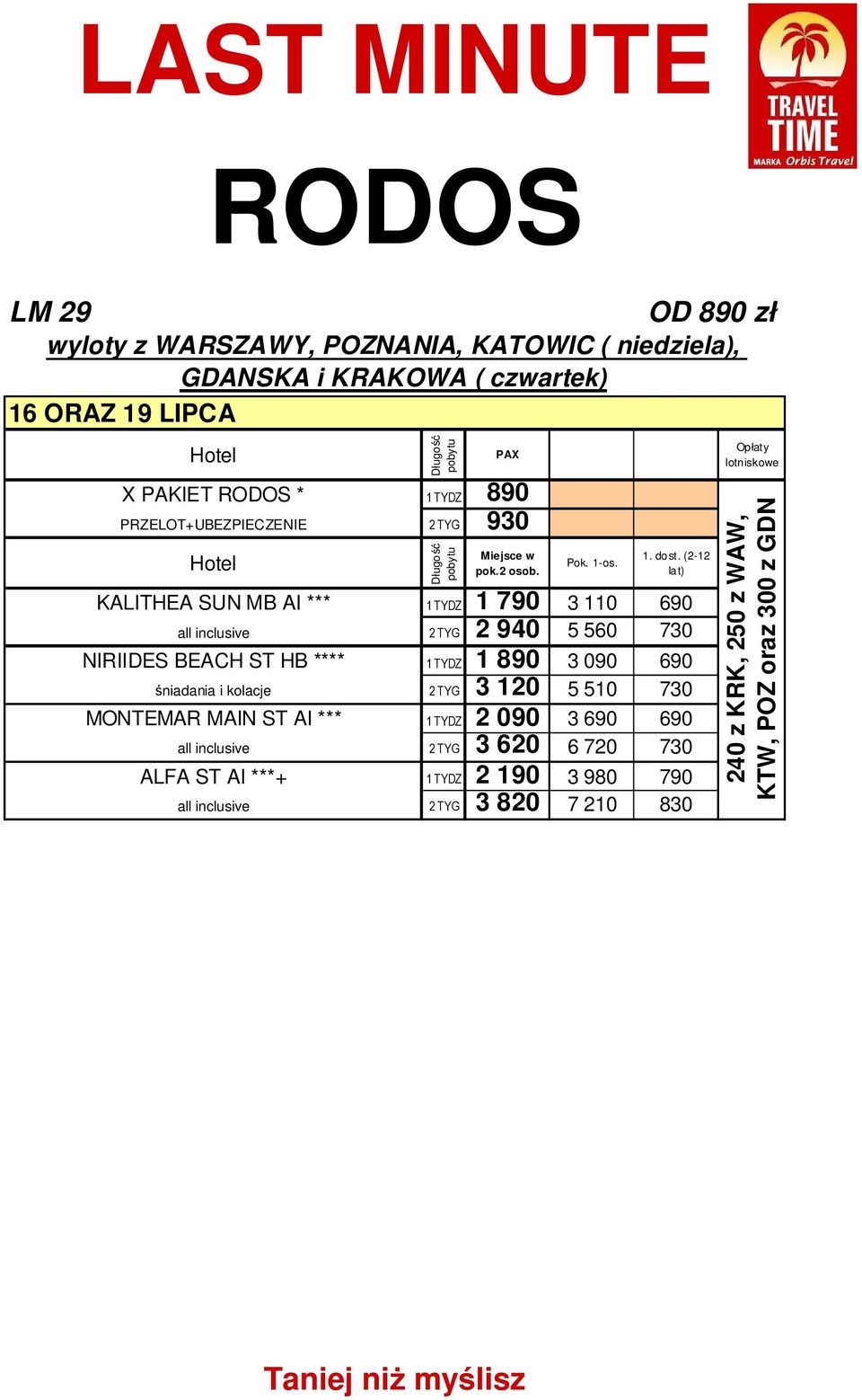 TYDZ 1 890 3 090 690 śniadania i kolacje 2 TYG 3 120 5 510 730 MONTEMAR MAIN ST AI *** 1 TYDZ 2 090 3 690 690 all