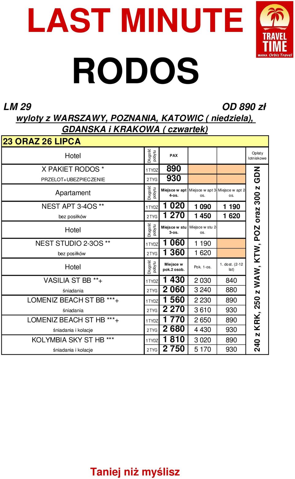 1- VASILIA ST BB **+ 1 TYDZ 1 430 2 030 840 śniadania 2 TYG 2 060 3 240 880 LOMENIZ BEACH ST BB ***+ 1 TYDZ 1 560 2 230 890 śniadania 2 TYG 2 270 3 610 930