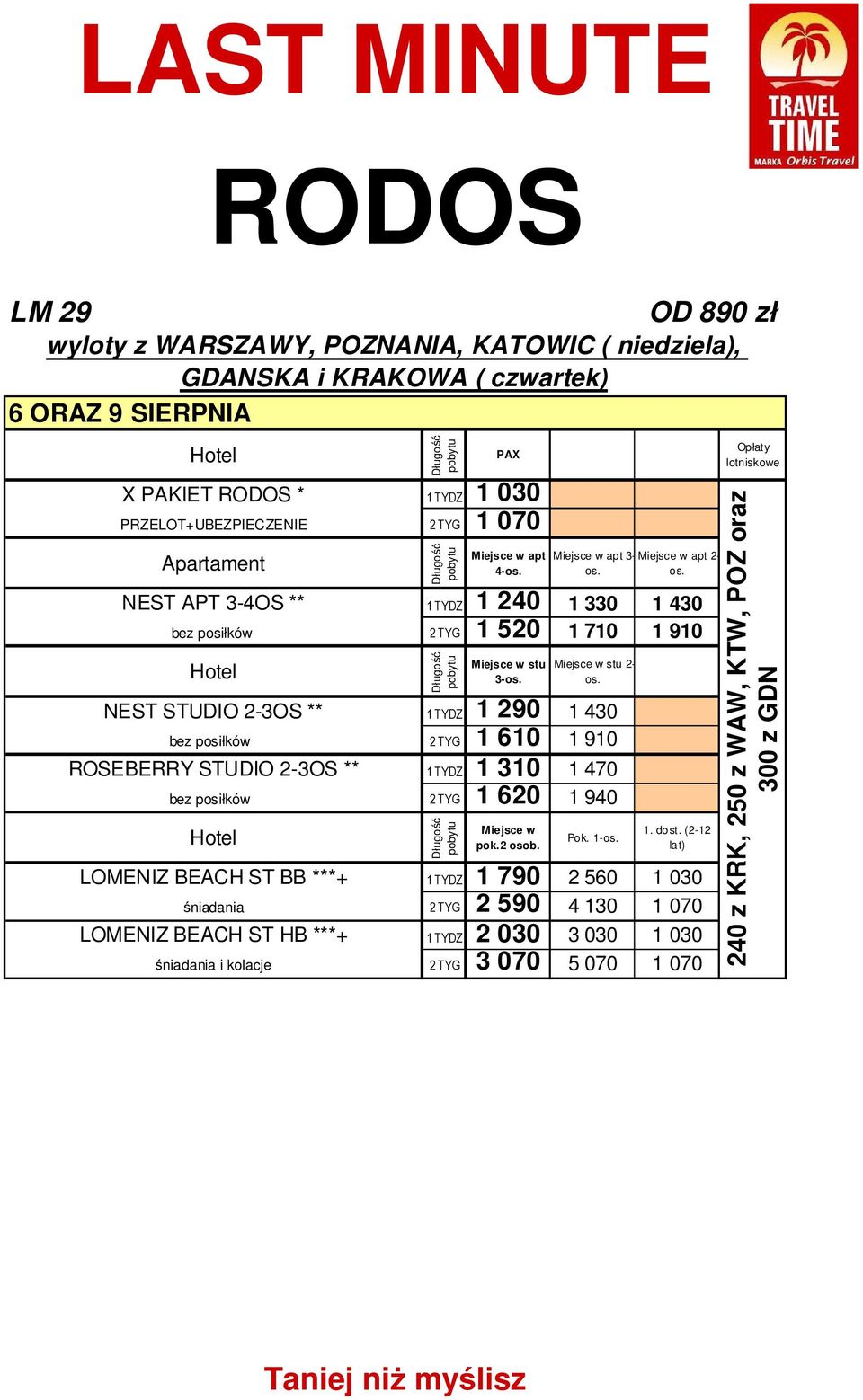 2-3OS ** 1 TYDZ 1 310 1 470 bez posiłków 2 TYG 1 620 1 940 Pok.