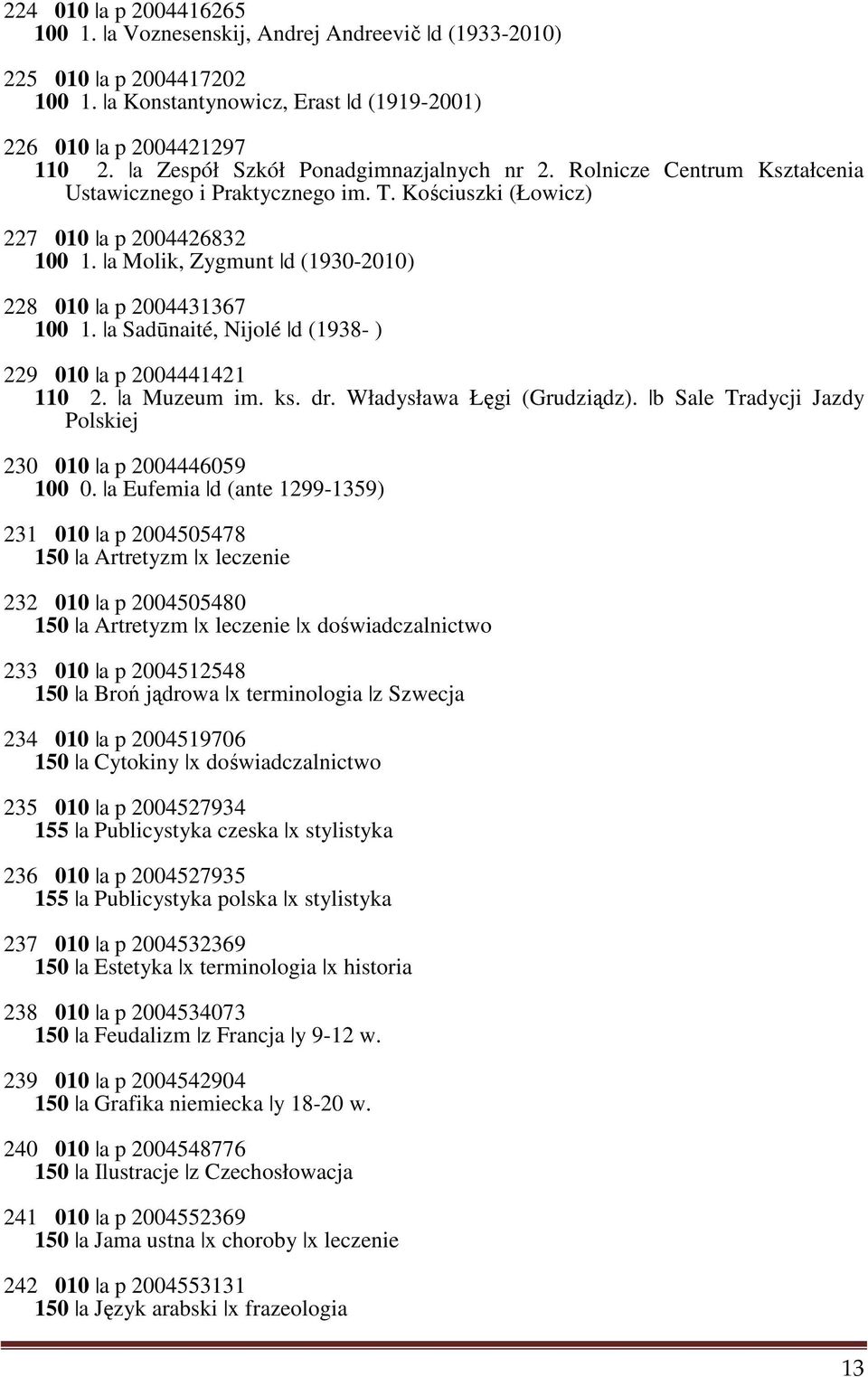 a Molik, Zygmunt d (1930-2010) 228 010 a p 2004431367 100 1. a Sadūnaité, Nijolé d (1938- ) 229 010 a p 2004441421 110 2. a Muzeum im. ks. dr. Władysława Łęgi (Grudziądz).