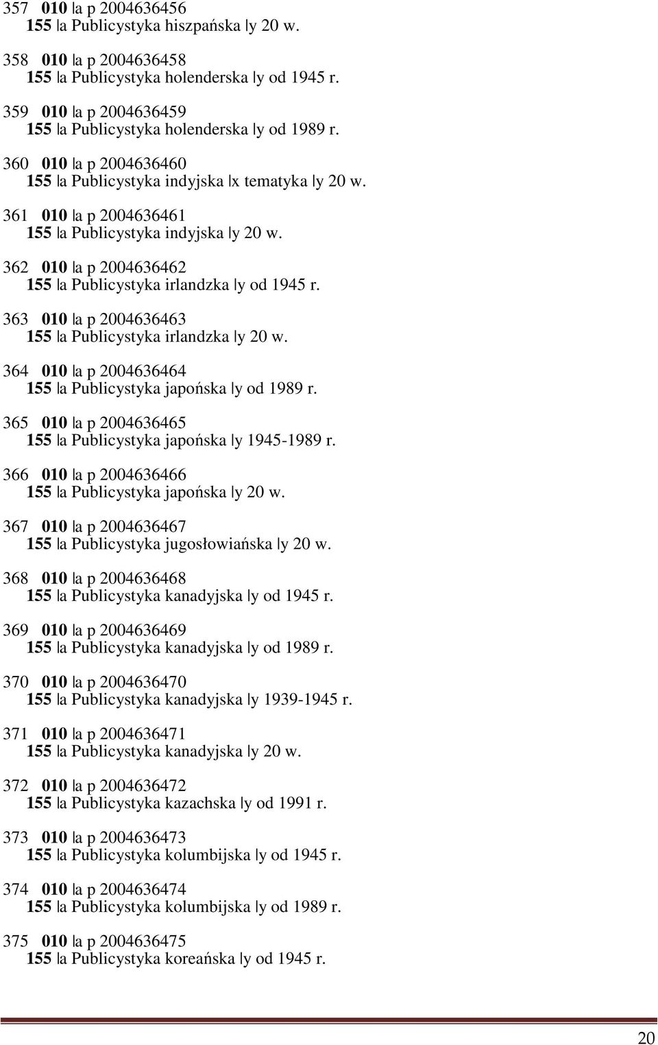 363 010 a p 2004636463 155 a Publicystyka irlandzka y 20 w. 364 010 a p 2004636464 155 a Publicystyka japońska y od 1989 r. 365 010 a p 2004636465 155 a Publicystyka japońska y 1945-1989 r.