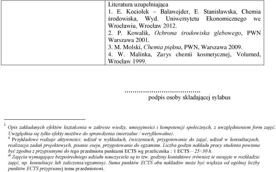 . podpis osoby składającej sylabus i Opis zakładanych efektów kształcenia w zakresie wiedzy, umiejętności i kompetencji społecznych, z uwzględnieniem form zajęć.