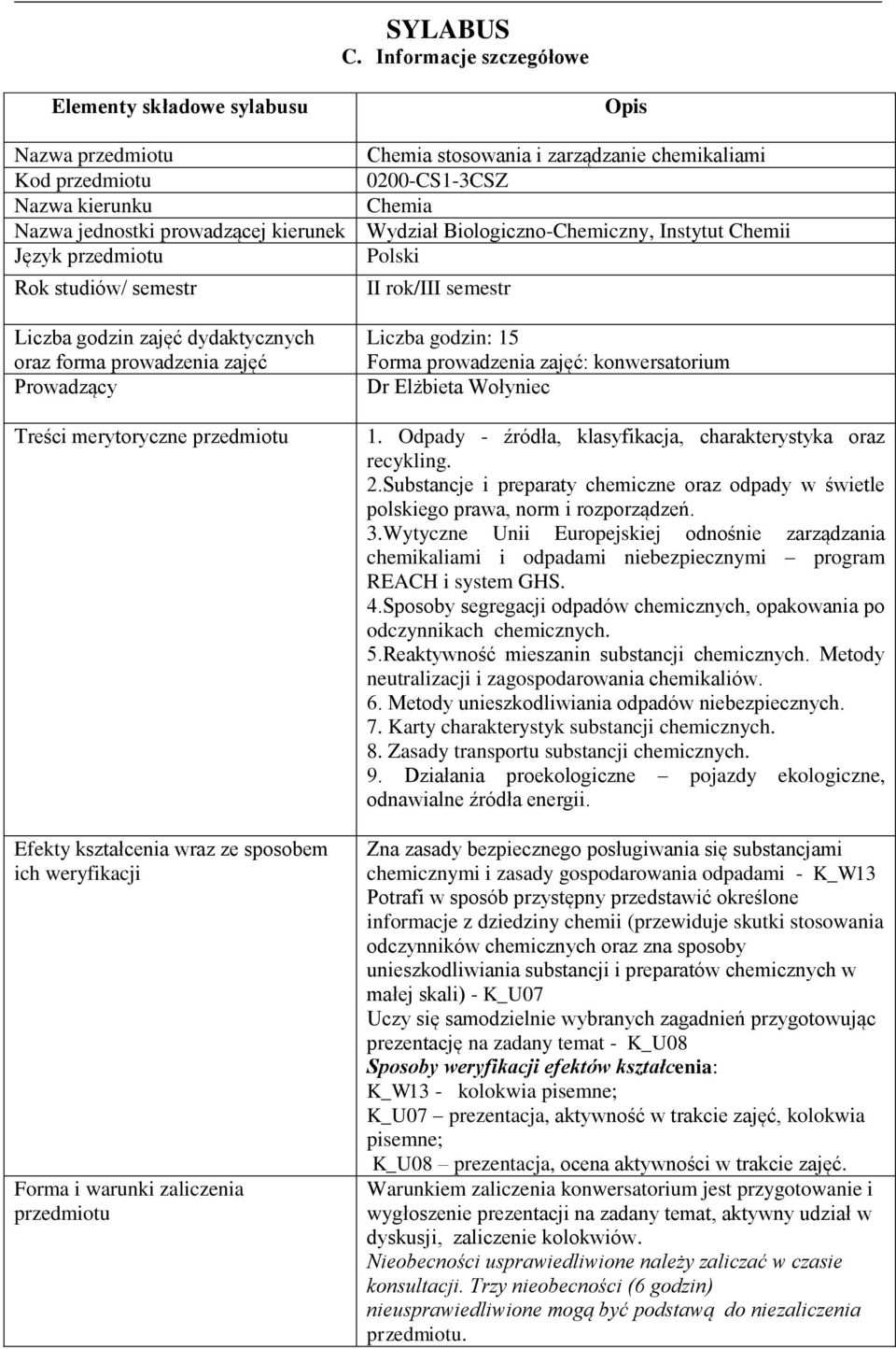 zajęć Prowadzący Treści merytoryczne Efekty kształcenia wraz ze sposobem ich weryfikacji Forma i warunki zaliczenia Opis Chemia stosowania i zarządzanie chemikaliami 0200-CS1-3CSZ Chemia Wydział