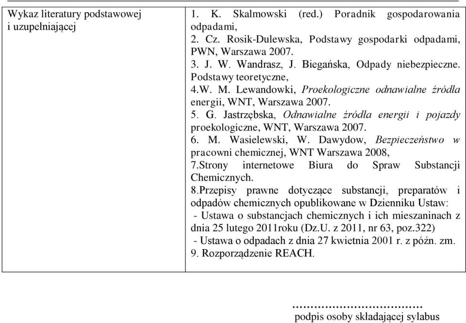 Jastrzębska, Odnawialne źródła energii i pojazdy proekologiczne, WNT, Warszawa 2007. 6. M. Wasielewski, W. Dawydow, Bezpieczeństwo w pracowni chemicznej, WNT Warszawa 2008, 7.