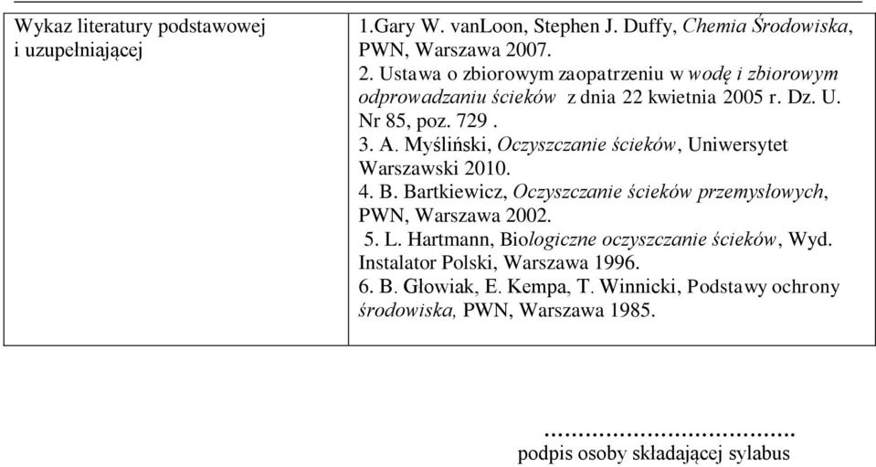 Myśliński, Oczyszczanie ścieków, Uniwersytet Warszawski 2010. 4. B. Bartkiewicz, Oczyszczanie ścieków przemysłowych, PWN, Warszawa 2002. 5. L.
