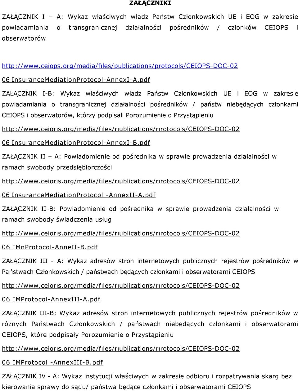 pdf ZAŁĄCZNIK I-B: Wykaz właściwych władz Państw Członkowskich UE i EOG w zakresie powiadamiania o transgranicznej działalności pośredników / państw niebędących członkami CEIOPS i obserwatorów,