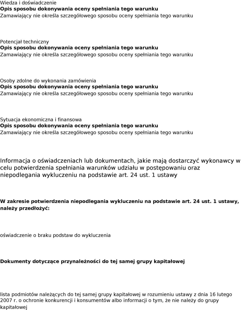 spełniania tego warunku Informacja o oświadczeniach lub dokumentach, jakie mają dostarczyć wykonawcy w celu potwierdzenia spełniania warunków udziału w postępowaniu oraz niepodlegania wykluczeniu na