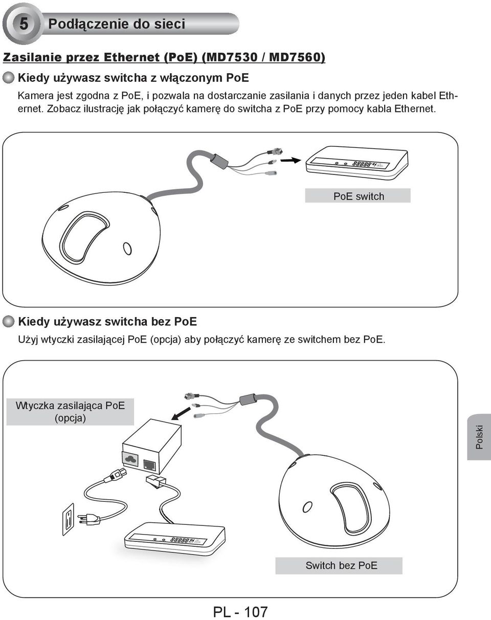 przez jeden kabel Ethernet. Zobacz ilustrację jak połączyć kamerę do switcha z PoE przy pomocy kabla Ethernet.