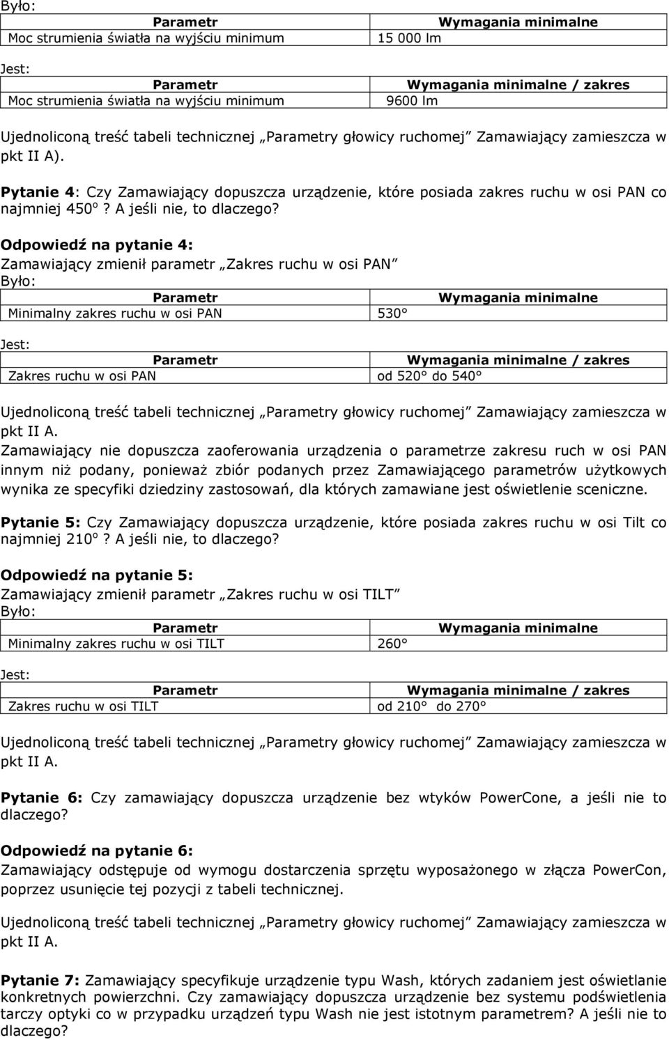 Odpowiedź na pytanie 4: Zamawiający zmienił parametr Zakres ruchu w osi PAN Minimalny zakres ruchu w osi PAN 530 Zakres ruchu w osi PAN od 520 do 540 Ujednoliconą treść tabeli technicznej y głowicy