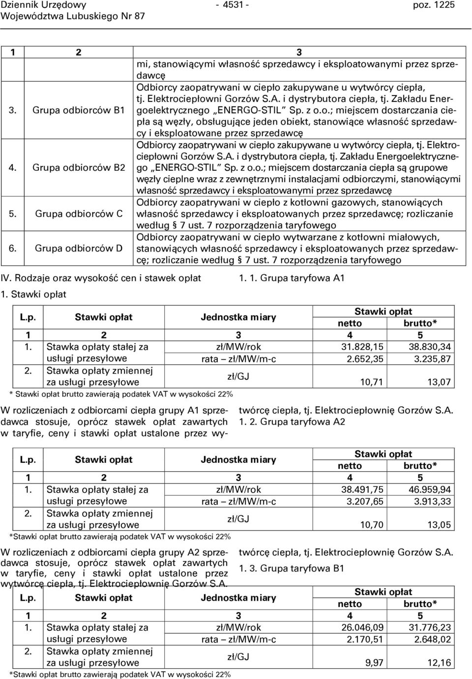 Grupa odbiorców B2 Odbiorcy zaopatrywani w ciepło zakupywane u wytwórcy ciepła, tj. Elektrociepłowni Gorzów S.A. i dystrybutora ciepła, tj. Zakładu Energoelektrycznego ENERGO-STIL Sp. z o.o.; miejscem dostarczania ciepła są grupowe węzły cieplne wraz z zewnętrznymi instalacjami odbiorczymi, stanowiącymi własność sprzedawcy i eksploatowanymi przez sprzedawcę 5.