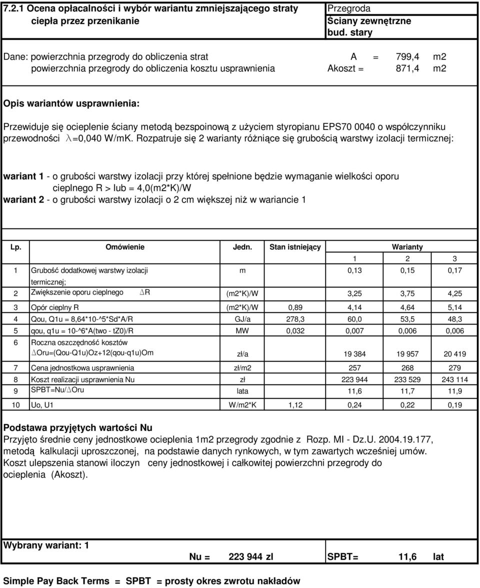 ściany metodą bezspoinową z uŝyciem styropianu EPS70 0040 o współczynniku przewodności l=0,040 W/mK.