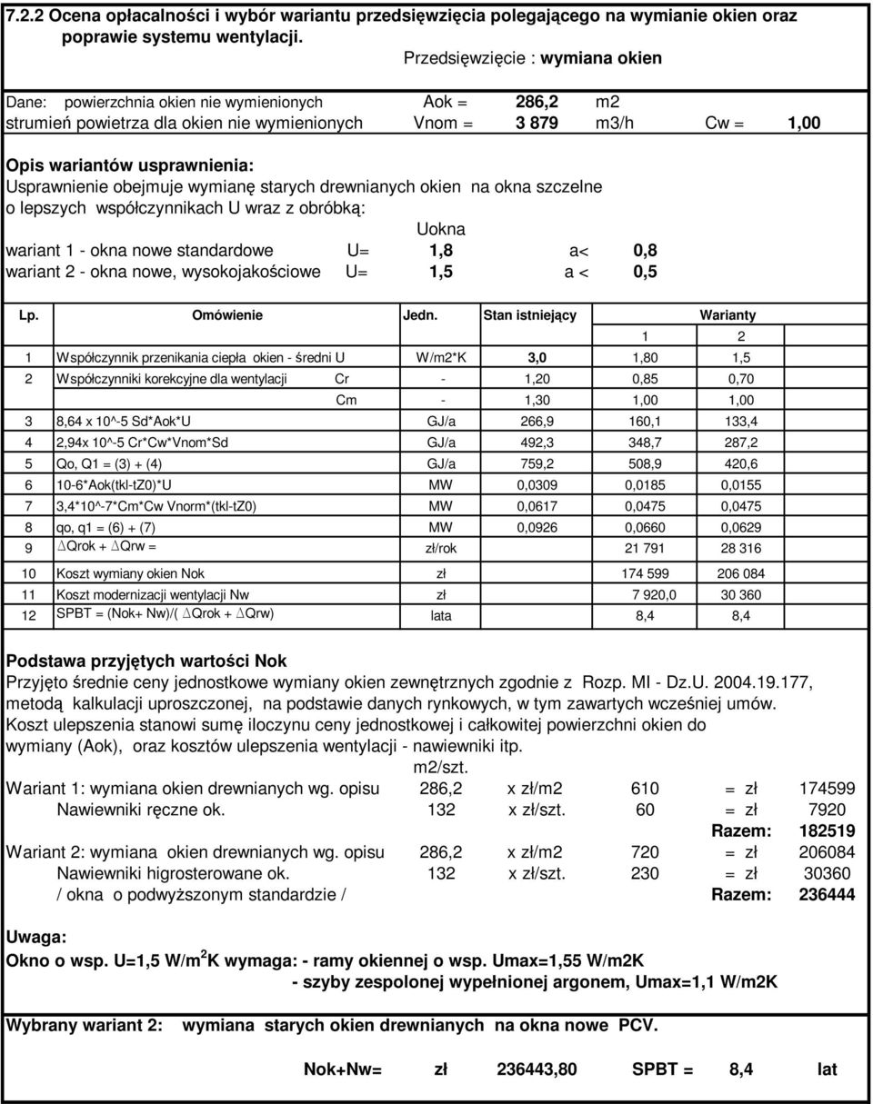 Usprawnienie obejmuje wymianę starych drewnianych okien na okna szczelne o lepszych współczynnikach U wraz z obróbką: Uokna wariant 1 - okna nowe standardowe U= 1,8 a< 0,8 wariant 2 - okna nowe,