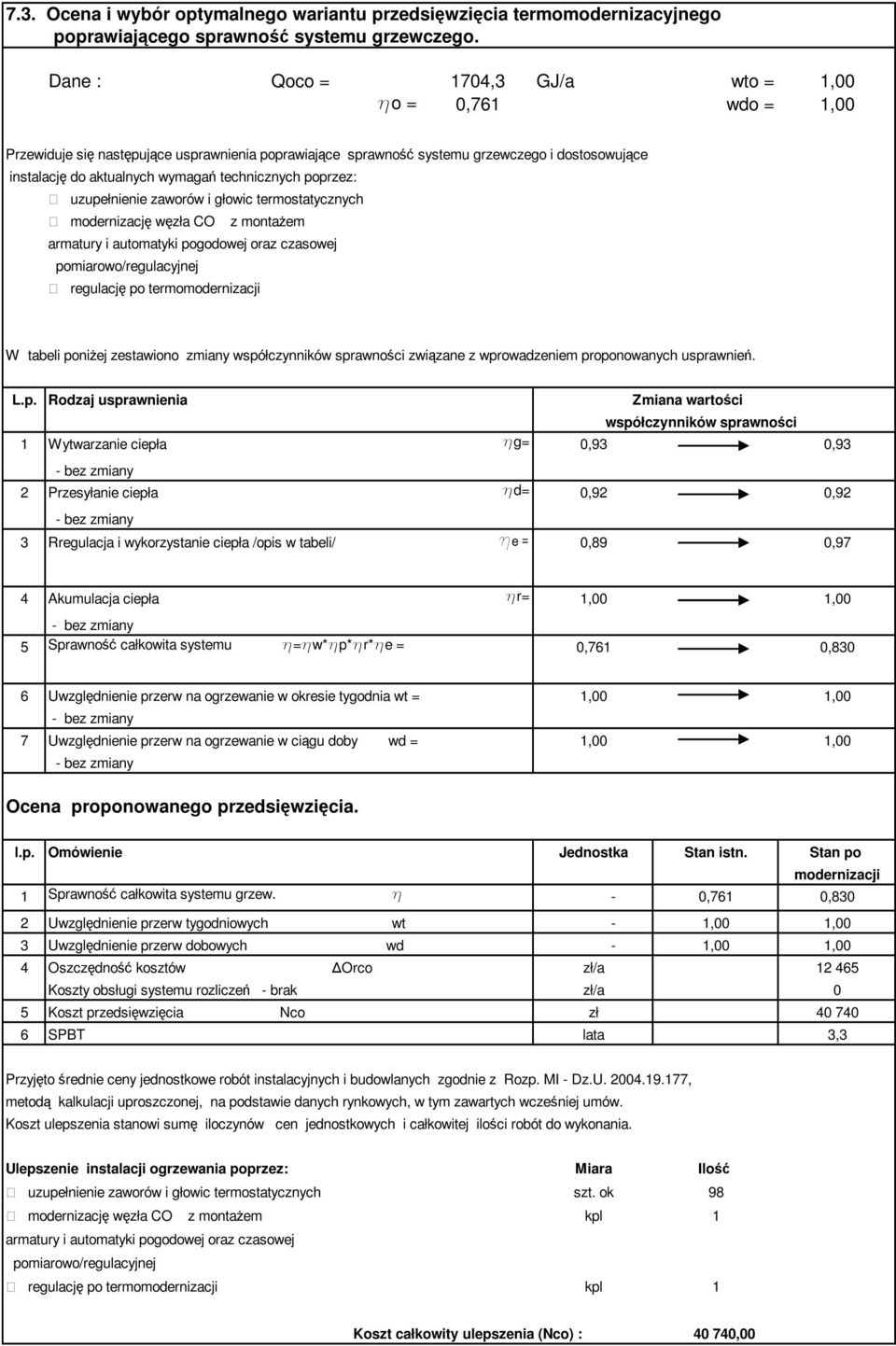 technicznych poprzez: uzupełnienie zaworów i głowic termostatycznych modernizację węzła CO z montaŝem armatury i automatyki pogodowej oraz czasowej pomiarowo/regulacyjnej regulację po