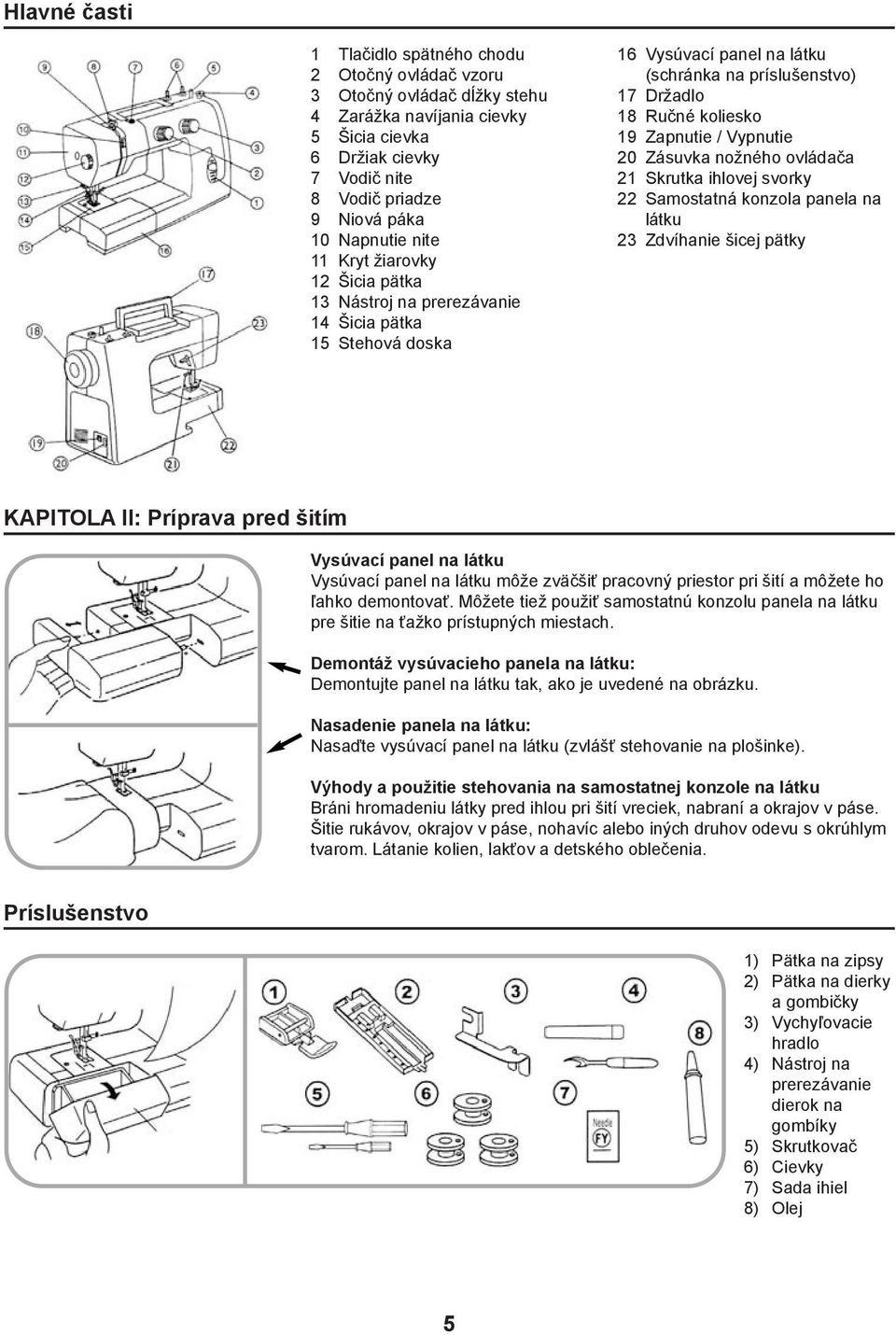 Zapnutie / Vypnutie 20 Zásuvka nožného ovládača 21 Skrutka ihlovej svorky 22 Samostatná konzola panela na látku 23 Zdvíhanie šicej pätky KAPITOLA II: Príprava pred šitím Vysúvací panel na látku