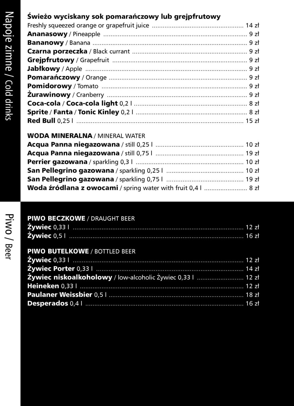 .. 9 zł Coca-cola / Coca-cola light 0,2 l... 8 zł Sprite / Fanta / Tonic Kinley 0,2 l... 8 zł Red Bull 0,25 l... 15 zł WODA MINERALNA / MINERAL WATER Acqua Panna niegazowana / still 0,25 l.