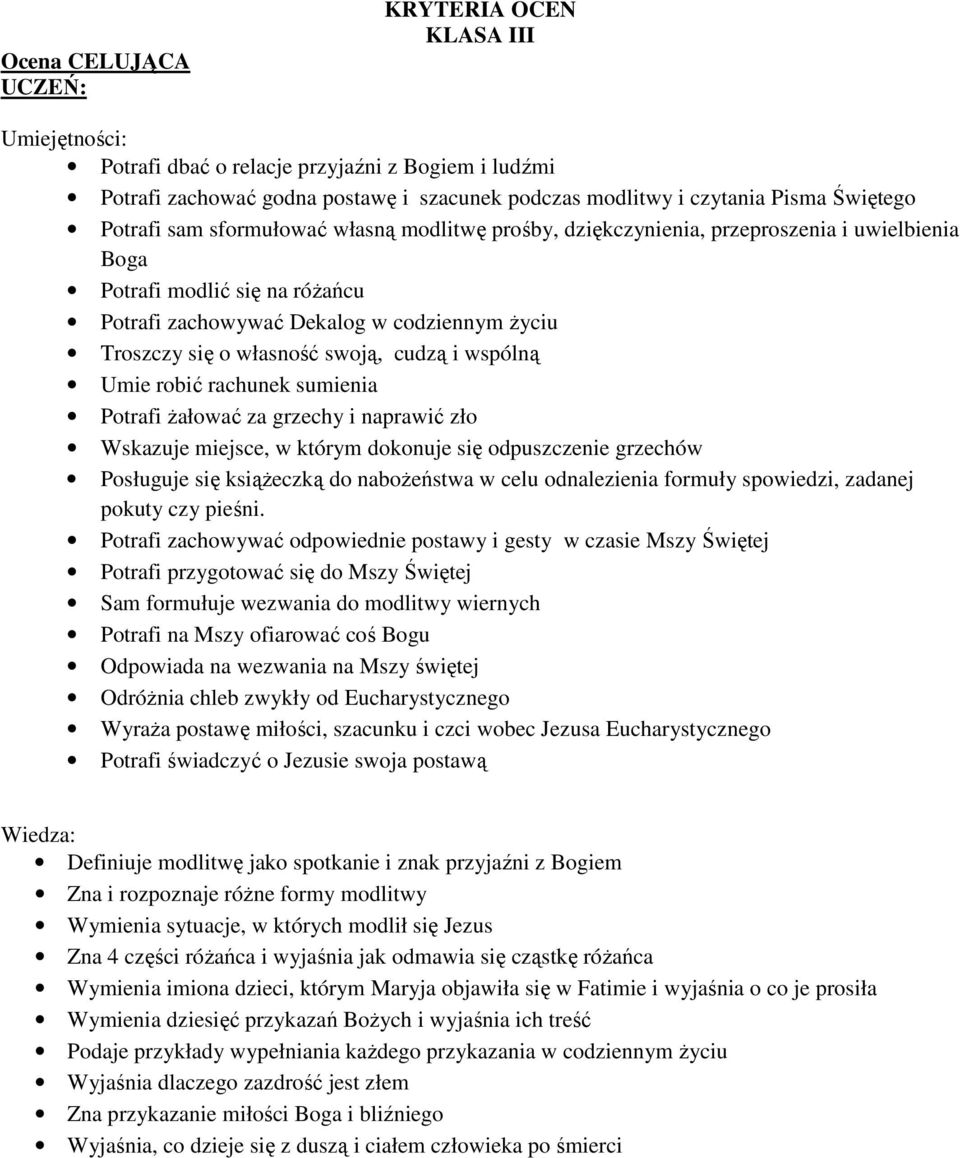 Umie robić rachunek sumienia Potrafi Ŝałować za grzechy i naprawić zło Wskazuje miejsce, w którym dokonuje się odpuszczenie grzechów Posługuje się ksiąŝeczką do naboŝeństwa w celu odnalezienia