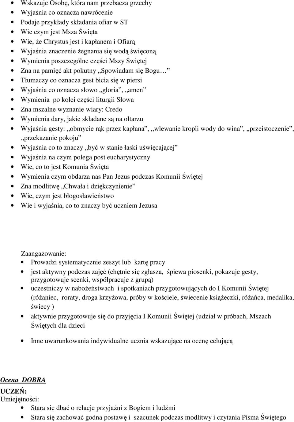 Wymienia po kolei części liturgii Słowa Zna mszalne wyznanie wiary: Credo Wymienia dary, jakie składane są na ołtarzu Wyjaśnia gesty: obmycie rąk przez kapłana, wlewanie kropli wody do wina,