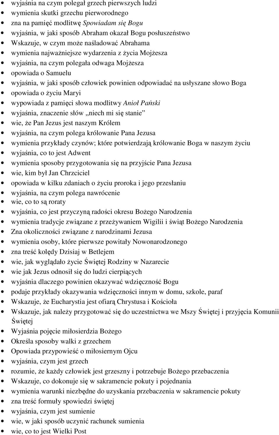 usłyszane słowo Boga opowiada o Ŝyciu Maryi wypowiada z pamięci słowa modlitwy Anioł Pański wyjaśnia, znaczenie słów niech mi się stanie wie, Ŝe Pan Jezus jest naszym Królem wyjaśnia, na czym polega