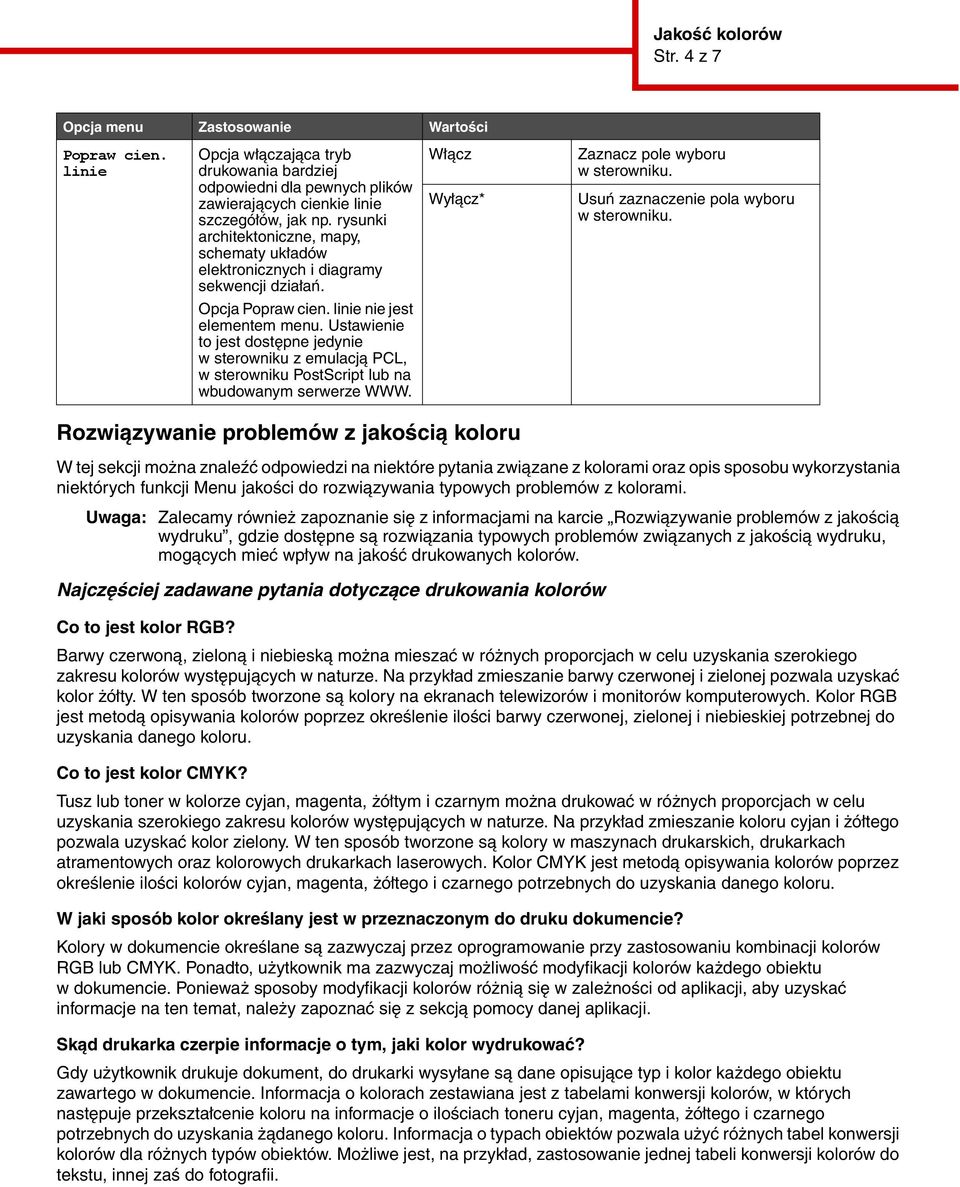 Ustawienie to jest dostępne jedynie w sterowniku z emulacją PCL, w sterowniku PostScript lub na wbudowanym serwerze WWW. Włącz Wyłącz* Zaznacz pole wyboru w sterowniku.