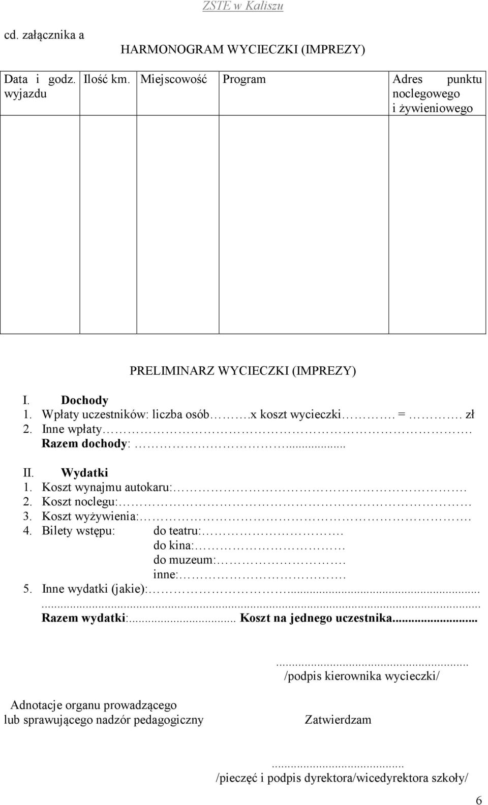 Inne wpłaty. Razem dochody:... II. Wydatki 1. Koszt wynajmu autokaru:. 2. Koszt noclegu: 3. Koszt wyżywienia:. 4. Bilety wstępu: do teatru:. do kina: do muzeum:.