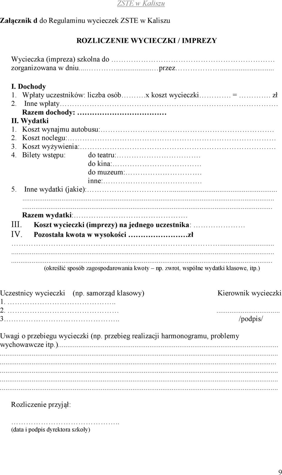 Inne wydatki (jakie):......... Razem wydatki:. Koszt wycieczki (imprezy) na jednego uczestnika: III. IV. Pozostała kwota w wysokości zł......... (określić sposób zagospodarowania kwoty np.