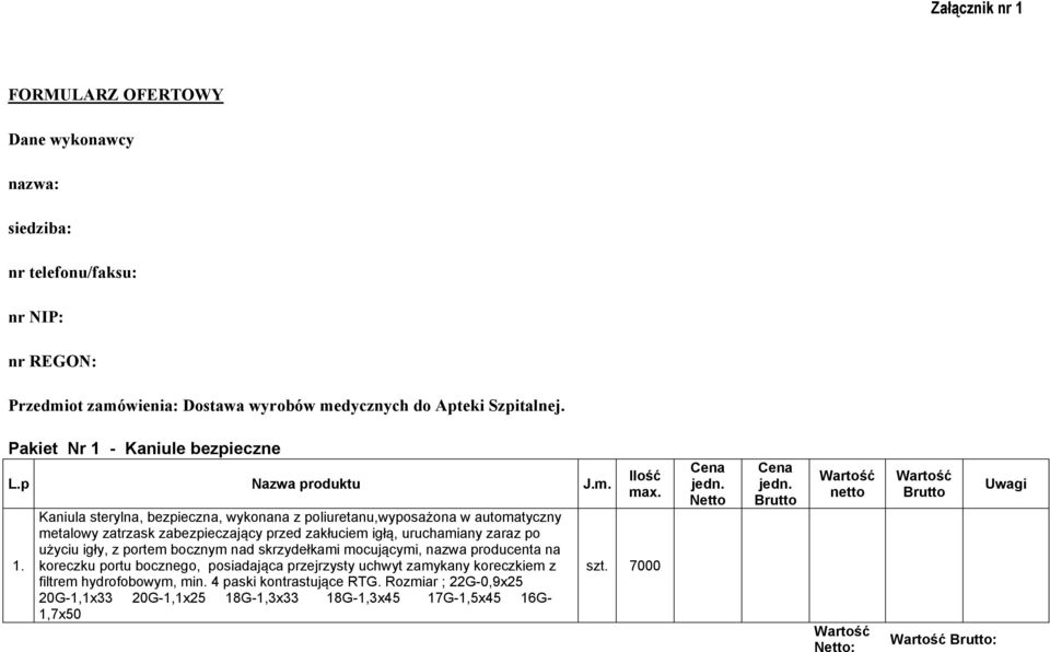 - Kaniule bezpieczne L.p Nazwa produktu J.m. 1.