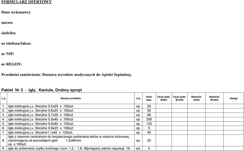 Igła iniekcyjna j.u. Sterylne 0,6x25 x 100szt. op. 50 3. Igła iniekcyjna j.u. Sterylne 0,7x30 x 100szt op. 80 4. Igła iniekcyjna j.u. Sterylne 0,8x40 x 100szt. op. 200 5. Igła iniekcyjna j.u. Sterylne 0,9x40 x 100szt.