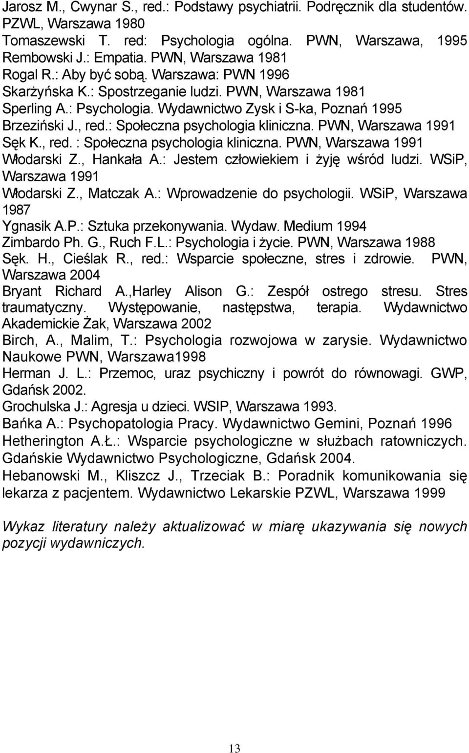 : Społeczna psychologia kliniczna. PWN, Warszawa 1991 Sęk K., red. : Społeczna psychologia kliniczna. PWN, Warszawa 1991 Włodarski Z., Hankała A.: Jestem człowiekiem i żyję wśród ludzi.