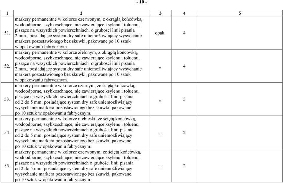 , posiadające system dry safe uniemożliwiający wysychanie opak. 4 markera pozostawionego bez skuwki, pakowane po 10 sztuk w opakowaniu fabrycznym. 52.