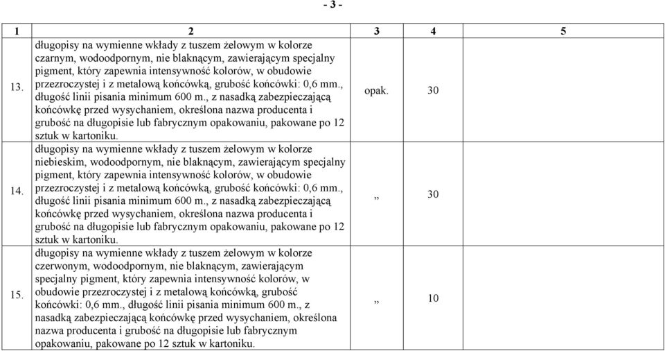 30 końcówkę przed wysychaniem, określona nazwa producenta i grubość na długopisie lub fabrycznym opakowaniu, pakowane po 12 sztuk w kartoniku.