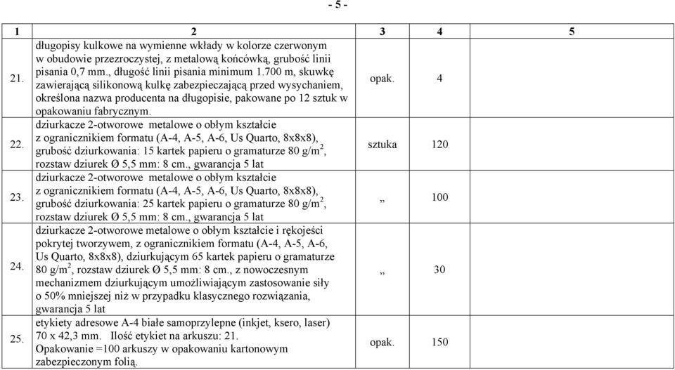 dziurkacze 2-otworowe metalowe o obłym kształcie z ogranicznikiem formatu (A-4, A-5, A-6, Us Quarto, 8x8x8), grubość dziurkowania: 15 kartek papieru o gramaturze 80 g/m 2, sztuka 120 rozstaw dziurek